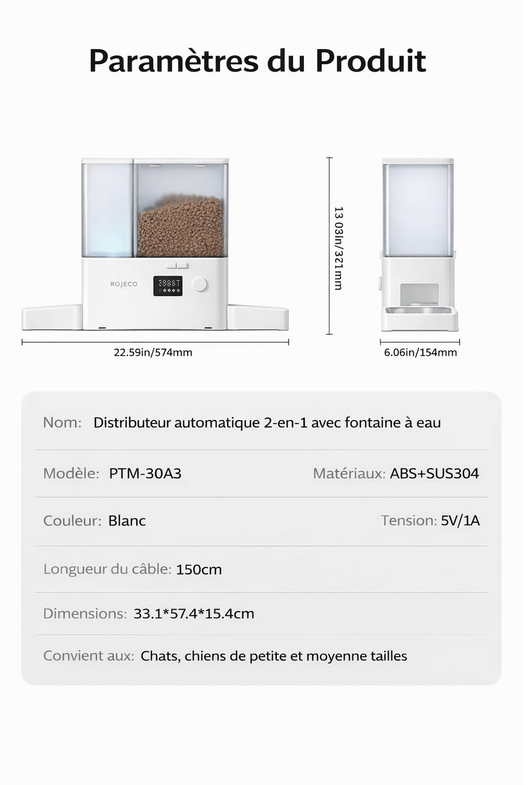 Fiche des paramètres du distributeur automatique ROJECO 2-en-1 avec fontaine à eau, dimensions, matériaux, capacité et caractéristiques techniques en français