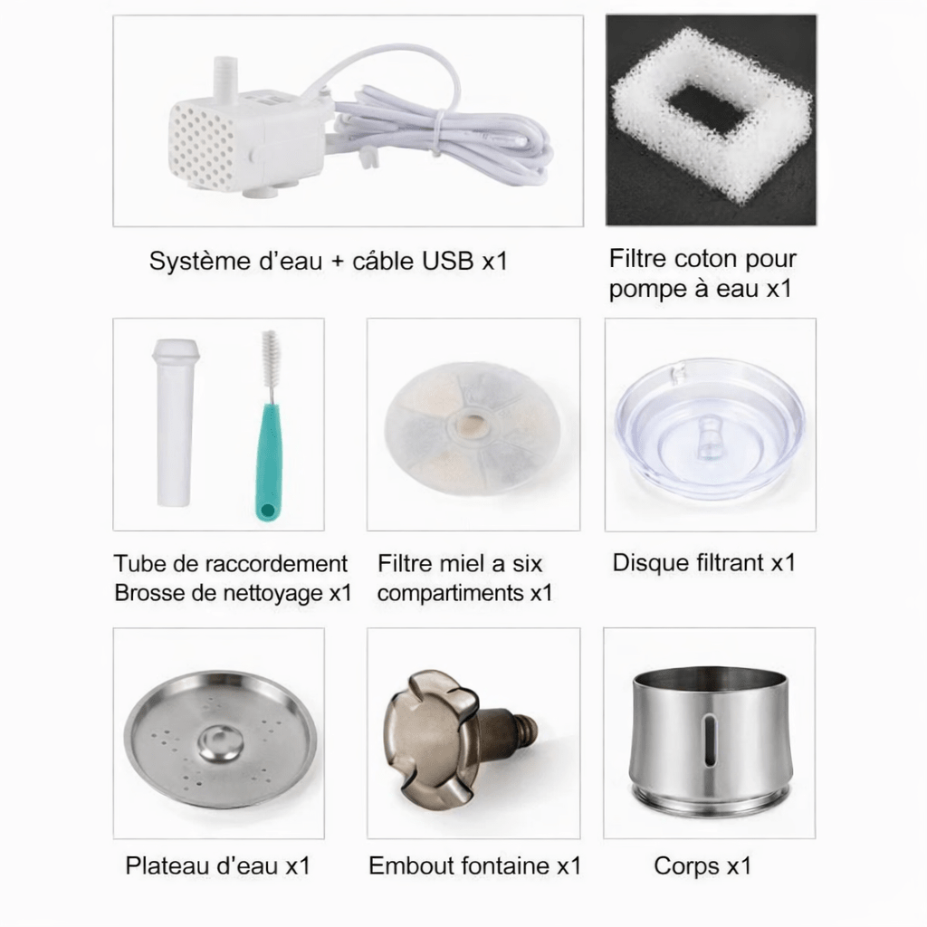 Photo présentant tous les composants d'une fontaine à eau pour animaux : système d'eau avec câble USB, filtre coton pour pompe, tube de raccordement, brosse de nettoyage, filtre à six compartiments, disque filtrant, plateau d'eau, embout de fontaine et corps en inox.