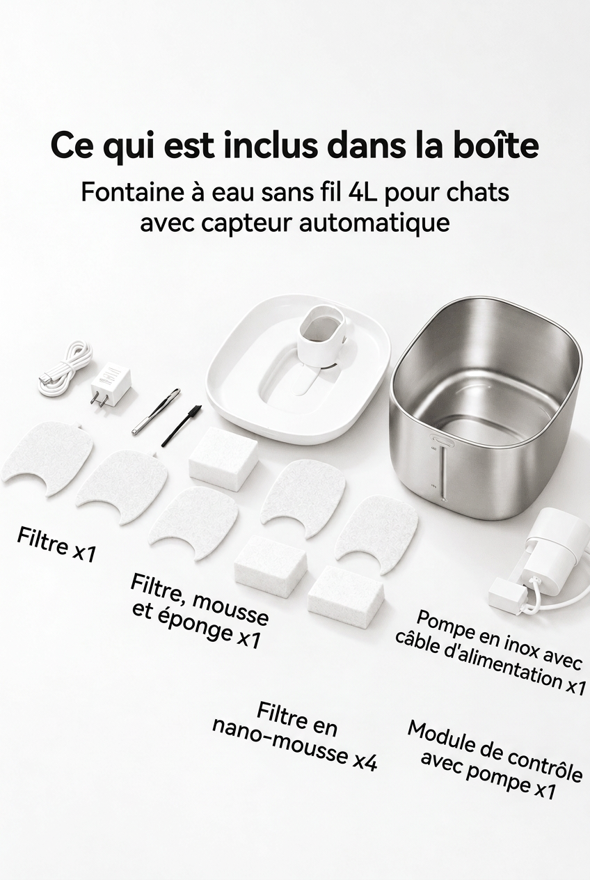 Contenu du pack de la fontaine à eau pour chat 4L : réservoir inox, couvercle, plateau supérieur, module de contrôle avec pompe, câble USB-C et adaptateur, filtre, éponges nano et kit de nettoyage.