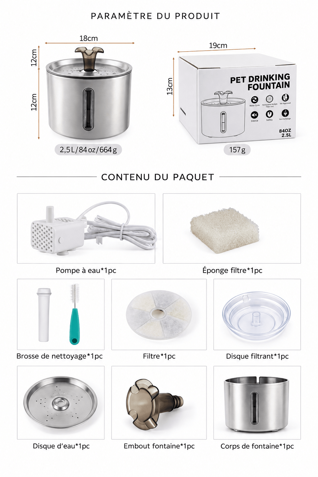 Infographie en français présentant les paramètres du produit et le contenu du paquet d'une fontaine à eau pour animaux en acier inoxydable, avec dimensions, et capacité accessoires inclus