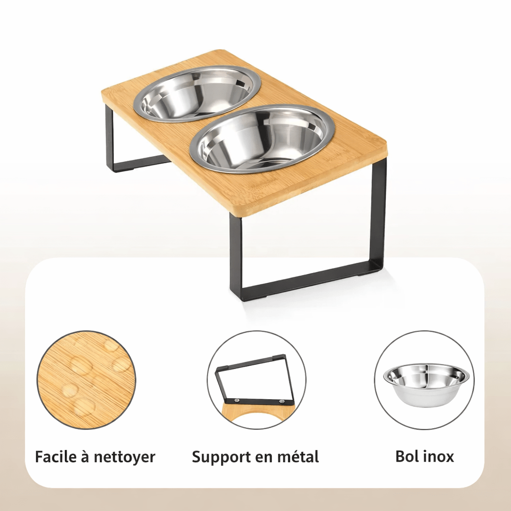 Gamelle surélevée chat en bois avec pieds métal et bols inox, surface facile à nettoyer et structure stable antidérapante.