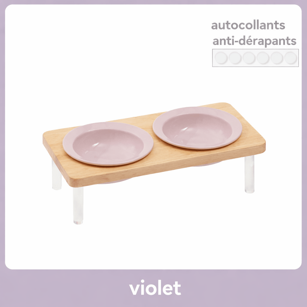 Gamelle double surélevée pour chat en céramique violette avec support en bois naturel et pieds transparents antidérapants