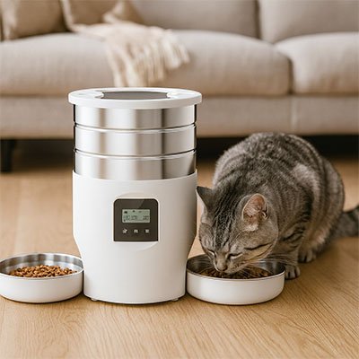 Vue latérale distributeur croquettes automatique chat