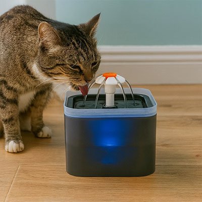 Chat buvant à la fontaine à eau - hydratation optimale"