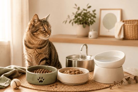 Chat tabby devant ses gamelles céramique et sa fontaine à eau inox - MiaouTable