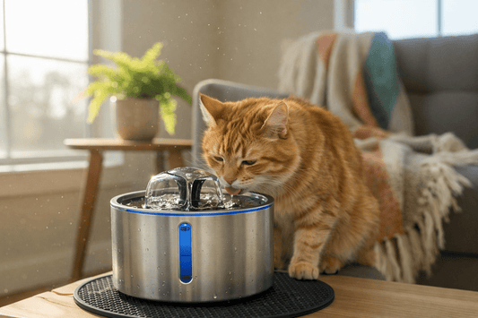 Chat buvant dans une fontaine à eau en inox avec filtration - Guide complet pour choisir la meilleure fontaine à eau pour chat