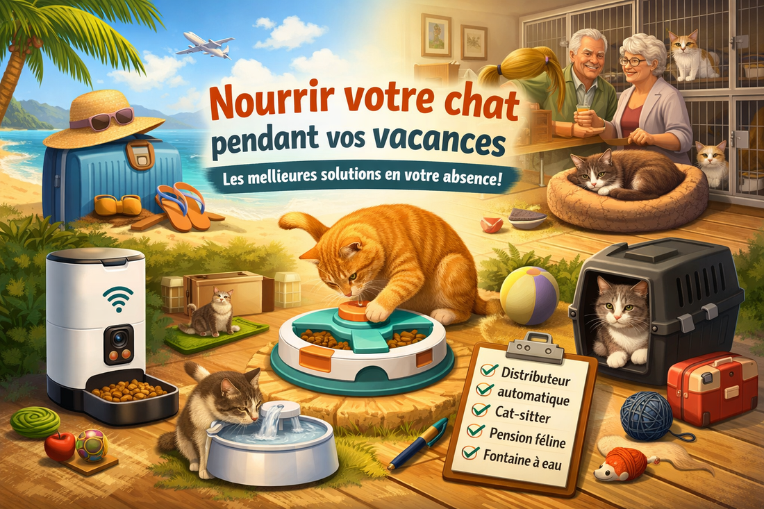  Illustration regroupant plusieurs solutions pour nourrir un chat pendant les vacances : distributeur automatique, fontaine à eau, cat-sitter, pension féline et jeux interactifs.
