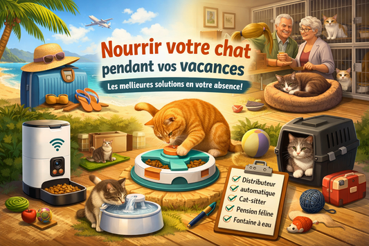  Illustration regroupant plusieurs solutions pour nourrir un chat pendant les vacances : distributeur automatique, fontaine à eau, cat-sitter, pension féline et jeux interactifs.
