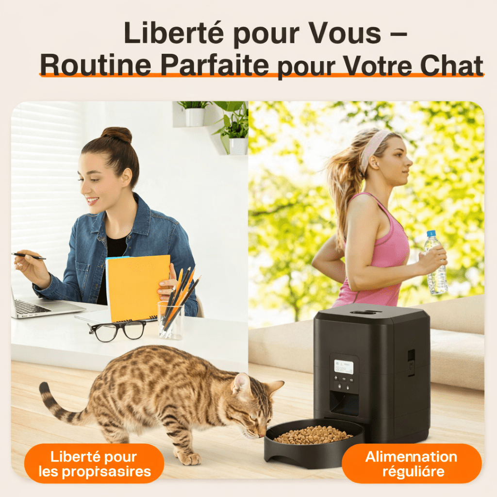 Scène lifestyle montrant le SmartFeeder fournissant une routine alimentaire stable pour le chat pendant que le propriétaire vaque à ses activités.
