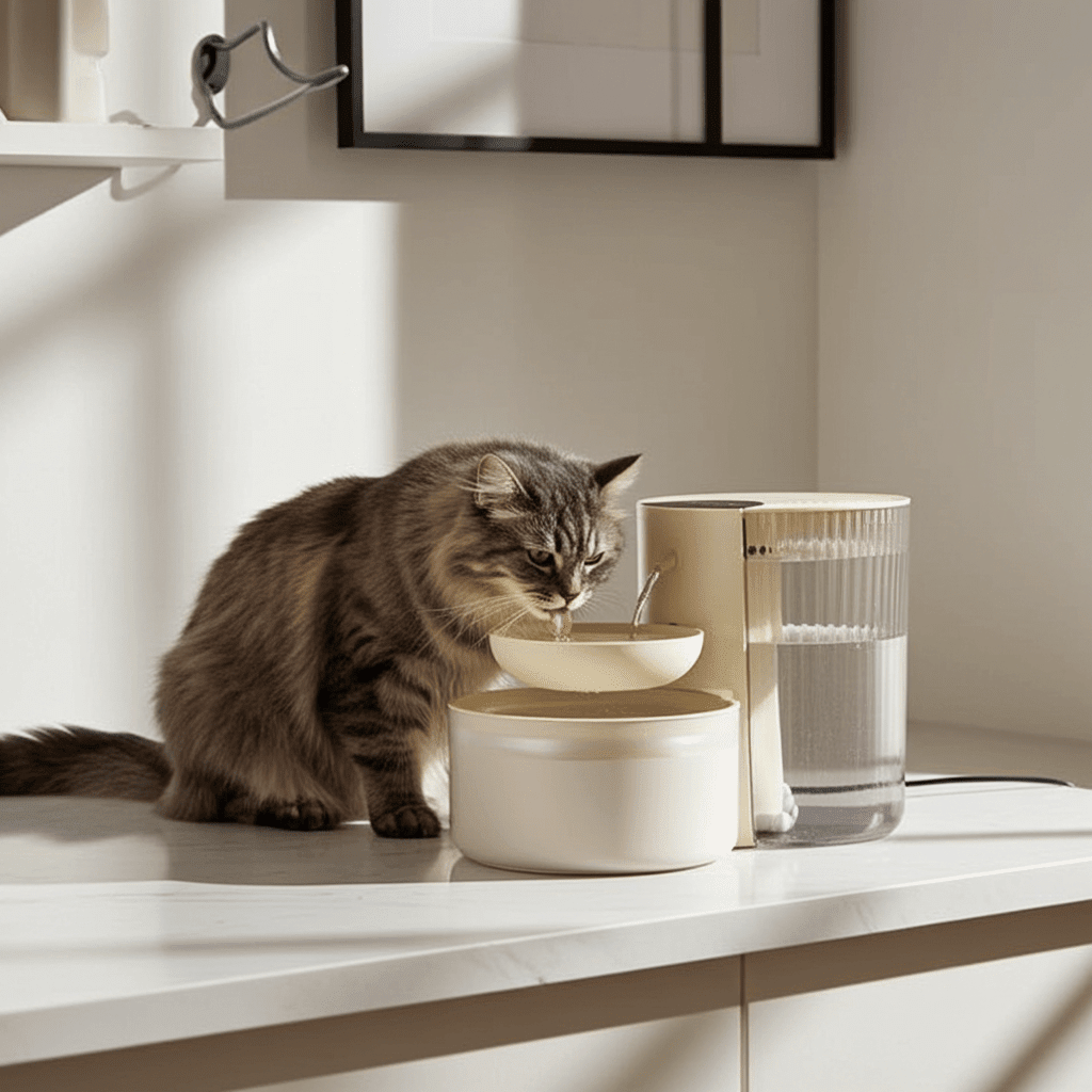 Chat bois dans une fontaine à eau pour chat égale  bat en bonne santé urinaire