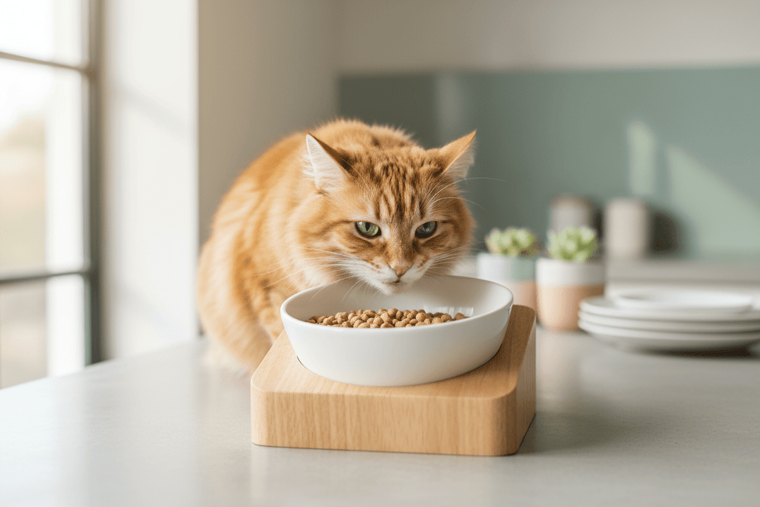 un chat heureux mange les croquettes dans une gamelle