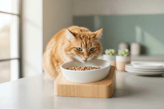 un chat heureux mange les croquettes dans une gamelle 