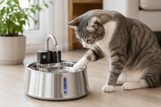  Chat qui trempe sa patte dans une fontaine à eau en inox MiaouTable