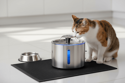 Chat qui boit dans une fontaine à eau en inox MiaouTable