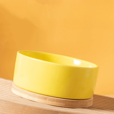 Gamelle WarmSipCatBowl jaune vue détaillée confortable
