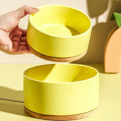 Gamelle WarmSipCatBowl jaune design ergonomique antidérapant
