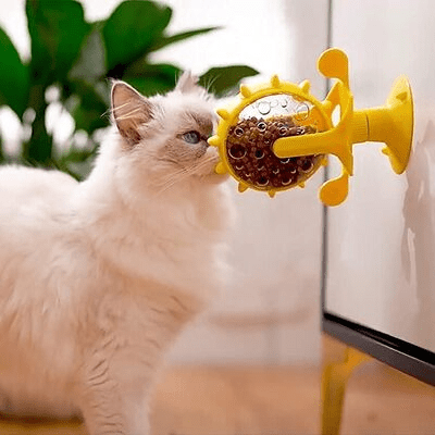 Chat mangeant avec distributeur WhirlCatFeeder jaune
