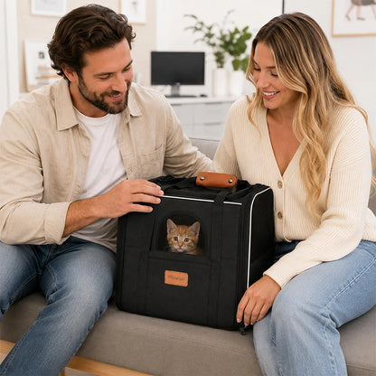 Chat dans un sac de transport noir avec fenêtre en filet, posé sur un canapé entre deux personnes.