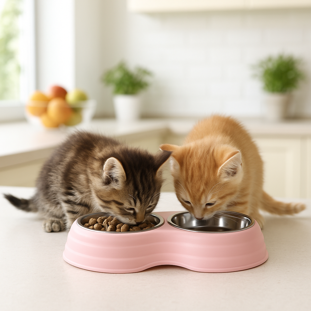 Gamelle chat rose en situation utilisation