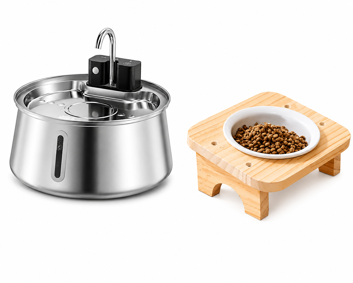 Fontaine 4 Litres et gamelle chat inclinee anti vomissement ceramique bois-miaoutable 1 Bol