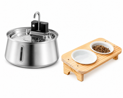 Fontaine 4 Litres et gamelle-chat-inclinee-anti-vomissement-ceramique-bois-miaoutable 2 Bols