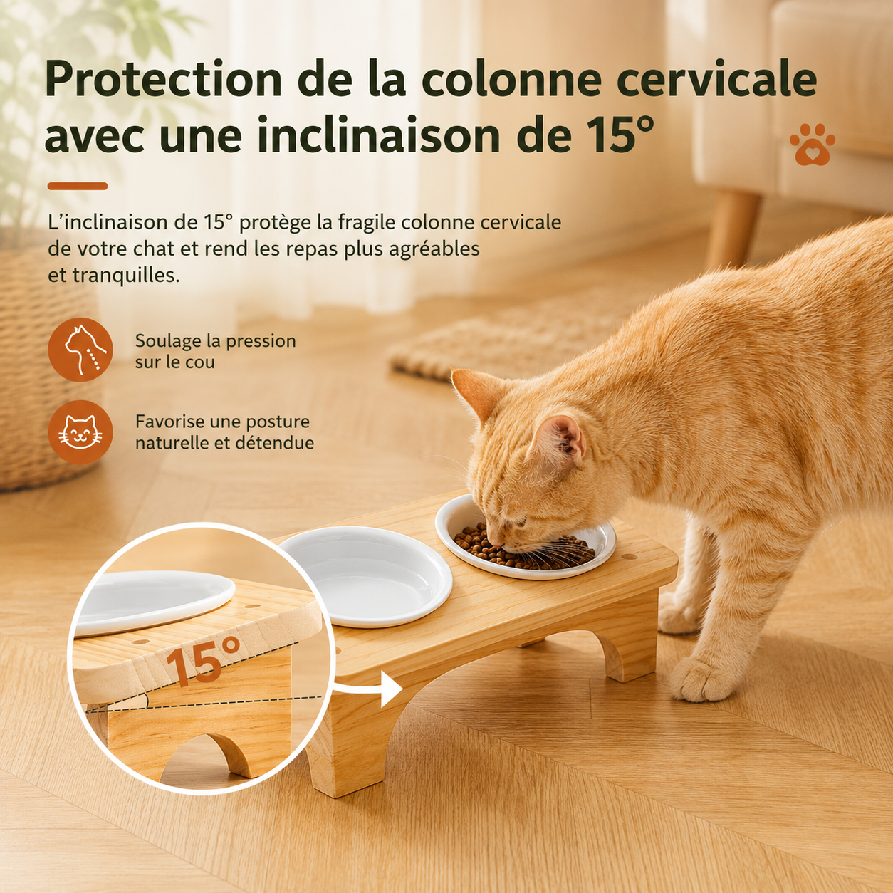 Gamelle chat surélevée 15° MiaouTable — infographie montrant la protection cervicale, posture naturelle et double bol céramique sur support bois