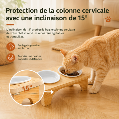 Gamelle chat surélevée 15° MiaouTable — infographie montrant la protection cervicale, posture naturelle et double bol céramique sur support bois