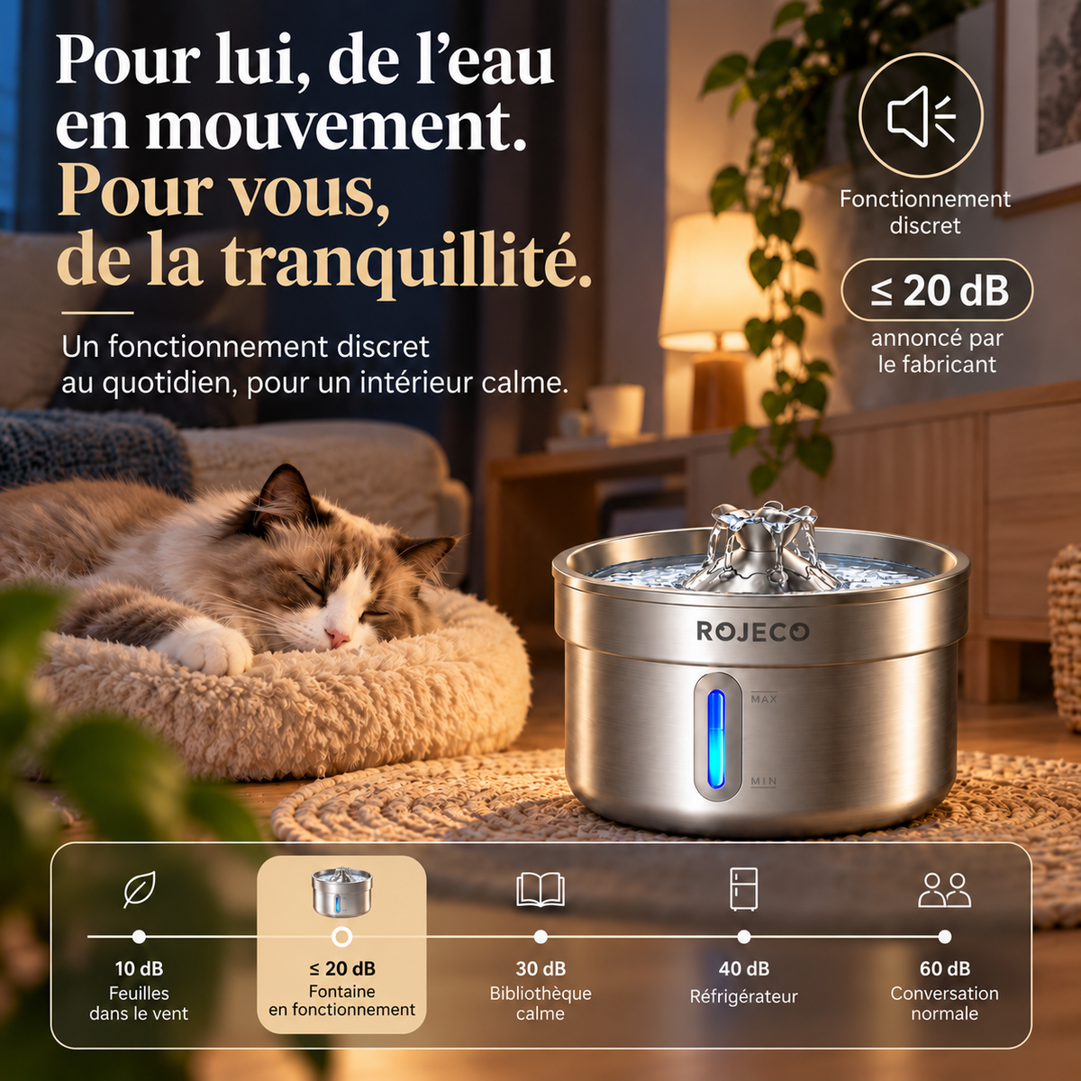 Fontaine à eau pour chat ROJECO 2 L en inox près d’un chat endormi, avec un niveau sonore annoncé par le fabricant de 20 dB maximum.