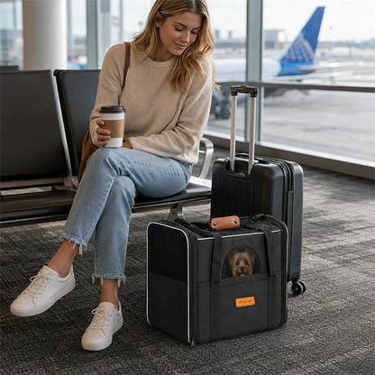 Sac de transport noir avec un petit chien visible à travers la fenêtre en filet, placé devant une valise près d’une voyageuse dans un aéroport.