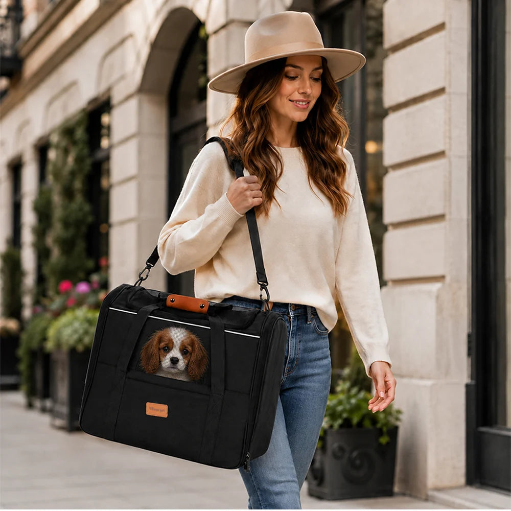 Femme marchant en ville avec un sac de transport noir porté à l’épaule, un petit chien visible à travers la fenêtre en filet.