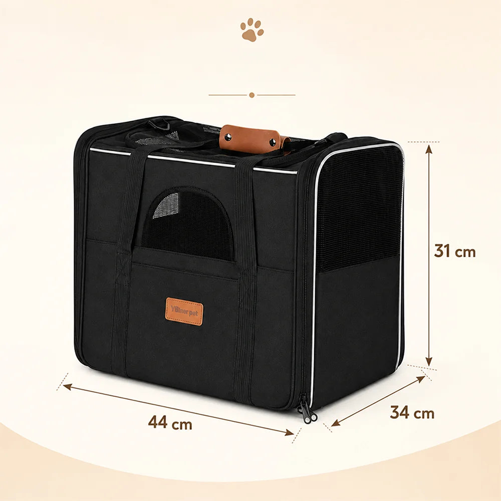 Sac de transport noir pour petit animal avec fenêtre en filet, dimensions : 44 cm de longueur, 34 cm de profondeur et 31 cm de hauteur