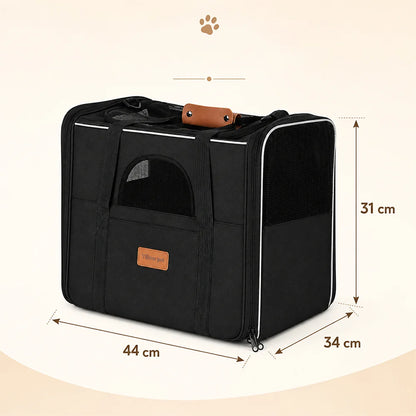 Sac de transport noir pour petit animal avec fenêtre en filet, dimensions : 44 cm de longueur, 34 cm de profondeur et 31 cm de hauteur