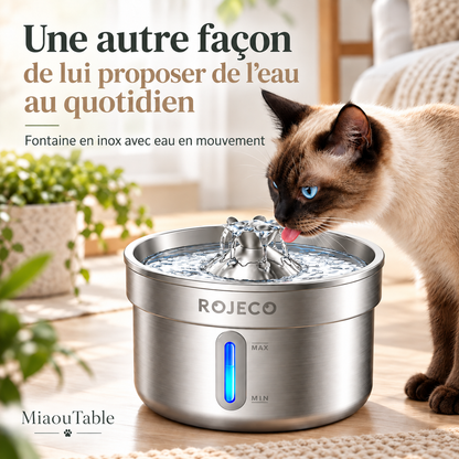 Chat aux yeux bleus buvant au jet central d’une fontaine à eau en inox, avec fenêtre lumineuse et repères de niveau MIN et MAX.