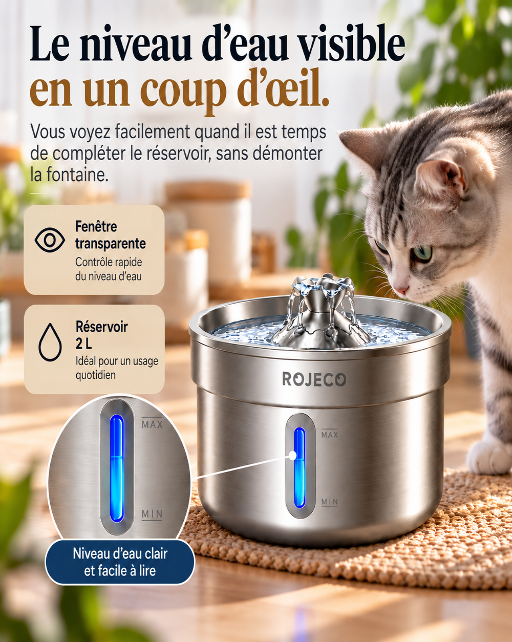 Fontaine à eau pour chat en inox de 2 L, avec gros plan sur la fenêtre lumineuse permettant de lire le niveau entre les repères MIN et MAX.