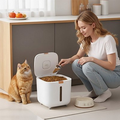 Remplissage de la boîte à croquettes hermétiques FreshKeep pour chat, idéal pour stocker un grand volume d'aliments.