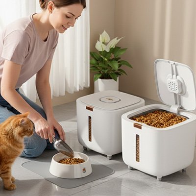 Utilisation de la boîte à croquettes hermétique FreshKeep pour chat, service facile et hygiène optimale.