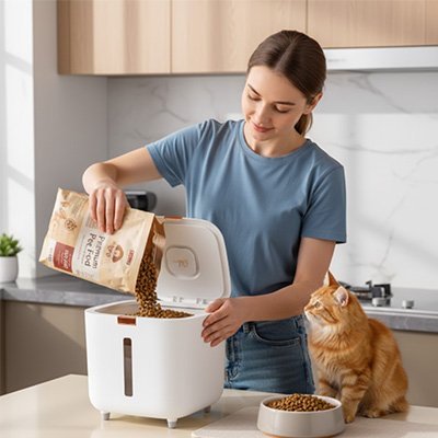 Boîte à croquettes FreshKeep de grande capacité pour chat, pratique pour servir les repas au quotidien.