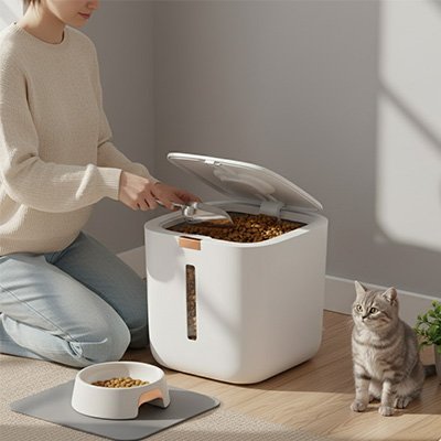 Boîte à croquettes hermétique FreshKeep au design moderne, conservation fraîcheur et distribution facile pour chat.