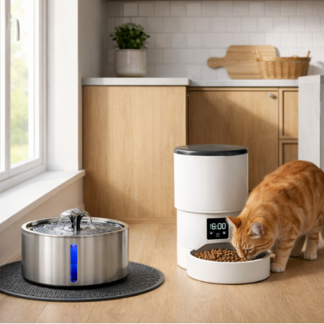 chat_degustant_des_croquettes dans une cuisine moderne