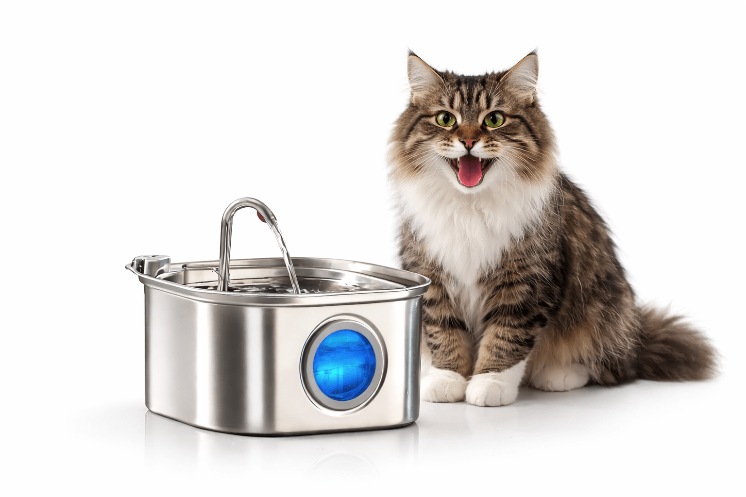 Chat tigré assis à  côté de la fontaine en inox 3.2L