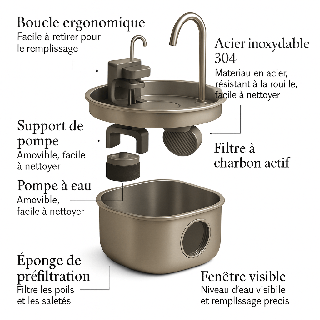 Fontaine à eau pour chat 3.2L en acier inoxydable vue éclatée