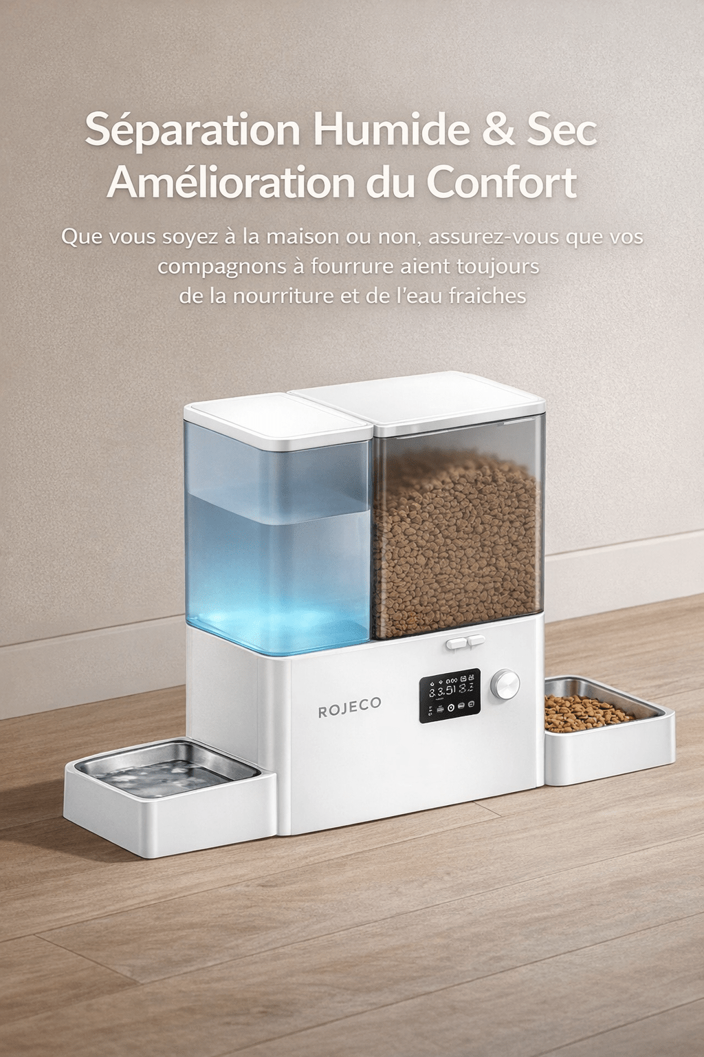 Distributeur automatique ROJECO 2-en-1 avec séparation humide et sec, fontaine à eau et réservoir de croquettes 8.5L, anglaise version