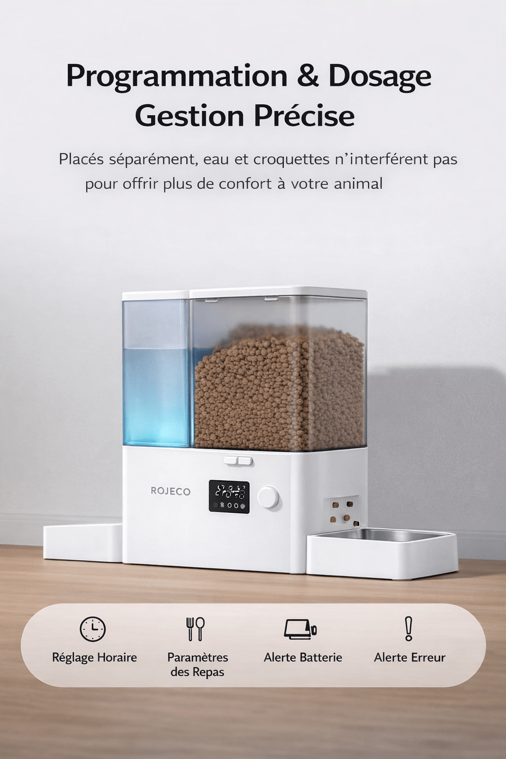 Distributeur automatique ROJECO 2-en-1 avec programmation des repas, dosage précis et rappels batterie et erreurs, english version