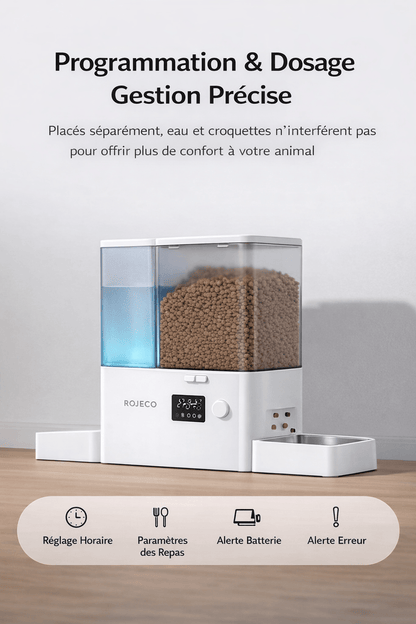 Distributeur automatique ROJECO 2-en-1 avec programmation des repas, dosage précis et rappels batterie et erreurs, english version