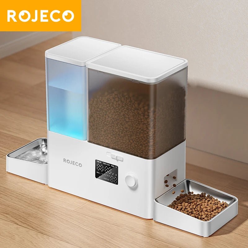 Distributeur automatique ROJECO 2-en-1 avec fontaine à eau et réservoir de croquettes, modèle blanc 8.5L posé au sol »