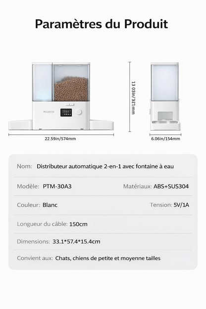Fiche des paramètres du distributeur automatique ROJECO 2-en-1 avec fontaine à eau, dimensions, matériaux, capacité et caractéristiques techniques en français