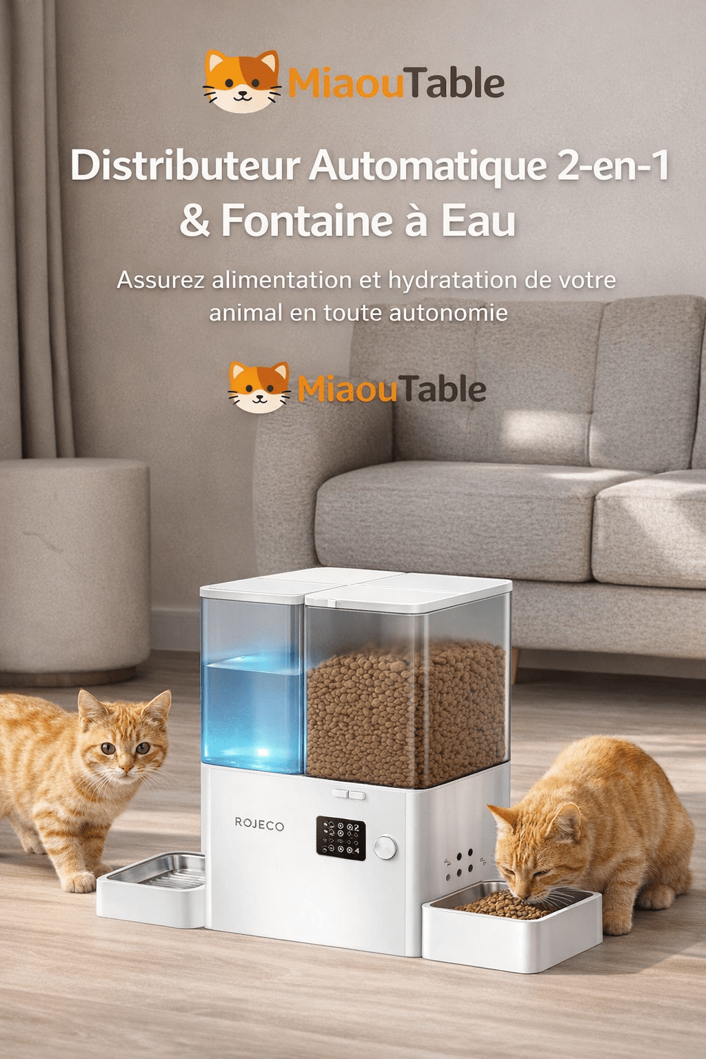 Distributeur automatique 2-en-1 ROJECO avec fontaine à eau et réservoir de croquettes, modèle blanc, deux chats en train de boire et mange