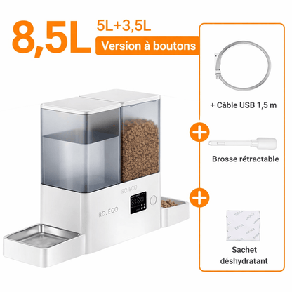Distributeur automatique ROJECO 8.5L pour chat et chien avec fontaine, câble USB, brosse rétractable et sachet déshydratant.