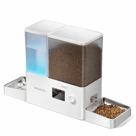 Fontaine à eau pour chat ROJECO 2-en-1 avec distributeur automatique de croquettes, réservoir transparent et bols en inox
