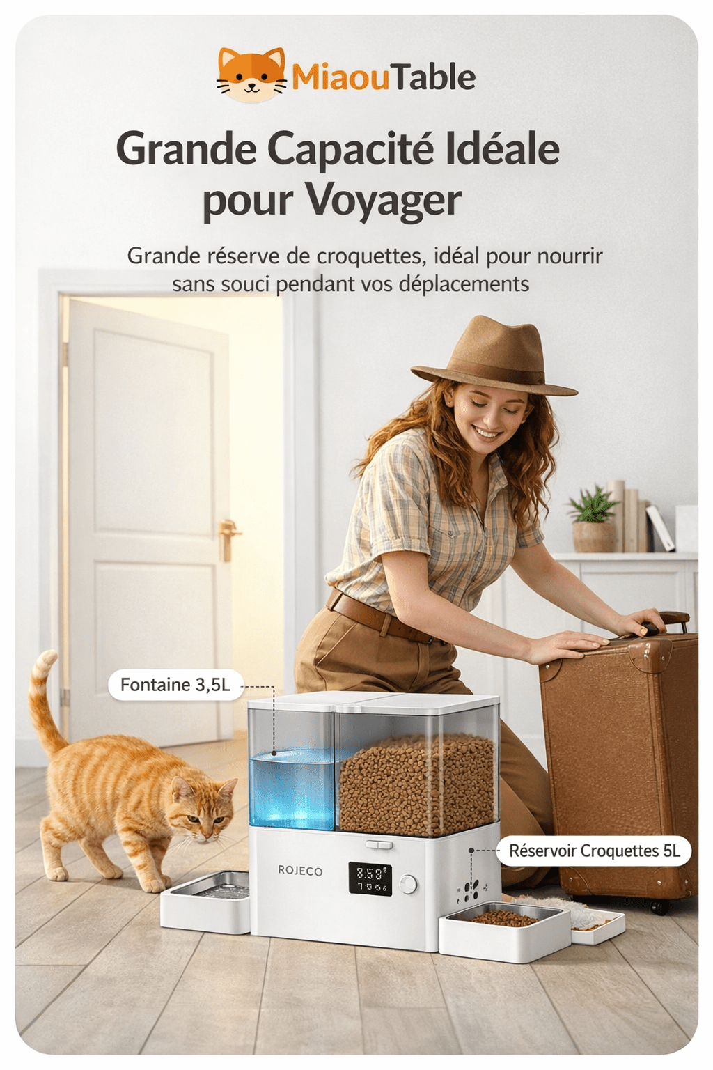 Femme préparant un voyage avec distributeur automatique ROJECO 2-en-1 pour chat et chien, capacité 8.5L, fontaine 3.5L et réservoir croquettes 5L, chat roux à côté